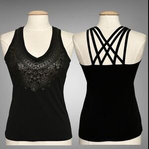 VTG Y2K Whats Hot Womens Top M Black Metallic Medallion Strappy Cage Back Tank